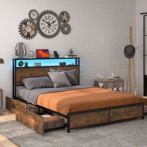 Modern Bed Frame with Smart LED Lights and Storage Drawers for Bedroom