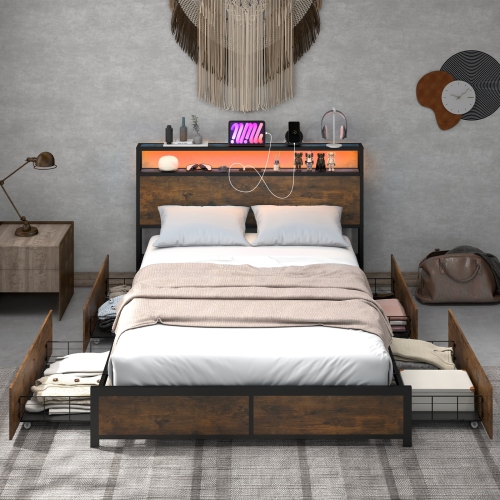 Modern Bed Frame with Smart LED Lights and Storage Drawers for Bedroom