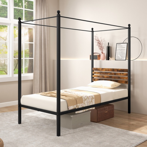 Stylish Canopy Bed Frame with Strong Support and Under Bed Storage