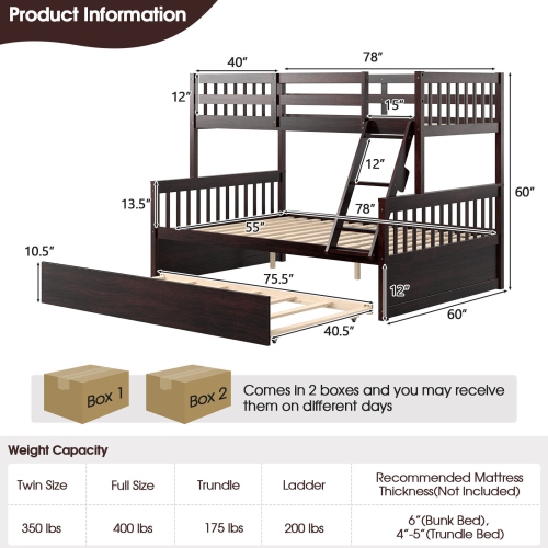 Convertible Bunk Bed with Pull Out Trundle for Kids or Guest Room