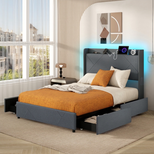 Modern Bed Frame with LED Headboard and USB Charging Ports