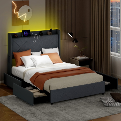 Modern Bed Frame with LED Headboard and USB Charging Ports