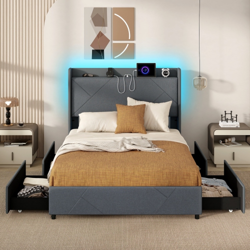 Modern Bed Frame with LED Headboard and USB Charging Ports