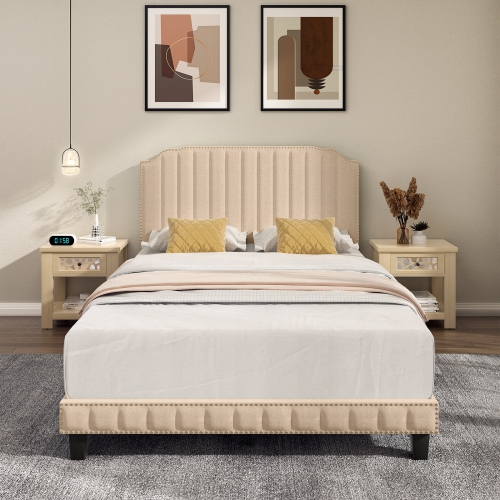 Heavy Duty Upholstered Bed Frame with Rivet Headboard