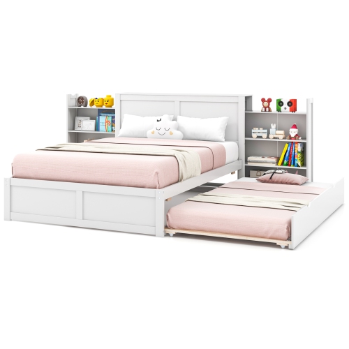 Platform Bed for Kids with Wooden Frame, Trundle, and Headboard Storage