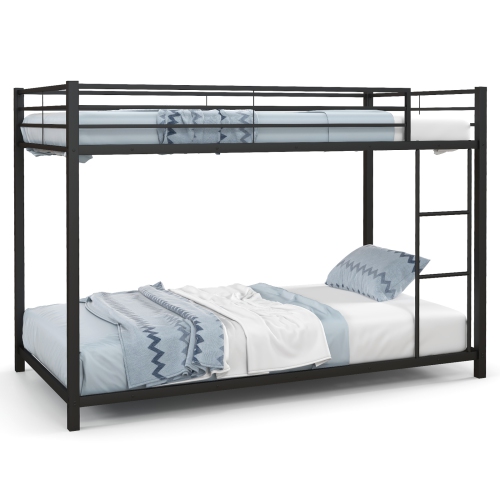Low Profile Twin Bunk Bed with Metal Frame and Protective Guardrails