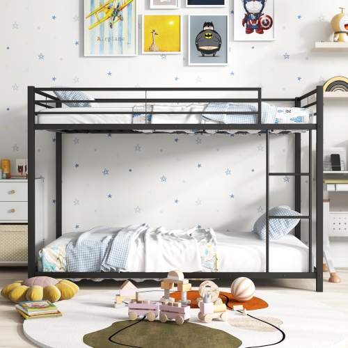 Low Profile Twin Bunk Bed with Metal Frame and Protective Guardrails