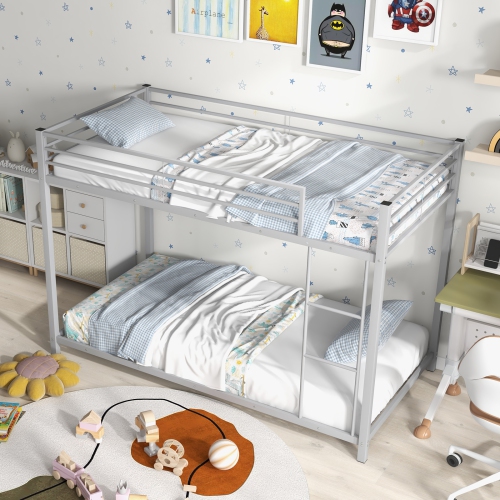 Low Profile Twin Bunk Bed with Metal Frame and Protective Guardrails