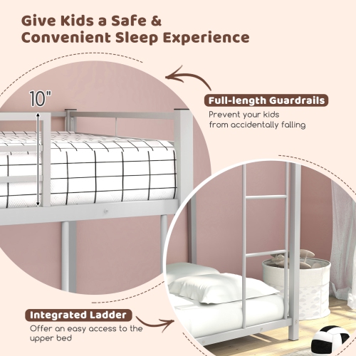 Low Profile Twin Bunk Bed with Metal Frame and Protective Guardrails