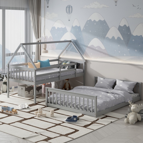 House Bunk Bed Frame with Built-in Ladder and Safety Guardrails for Kids