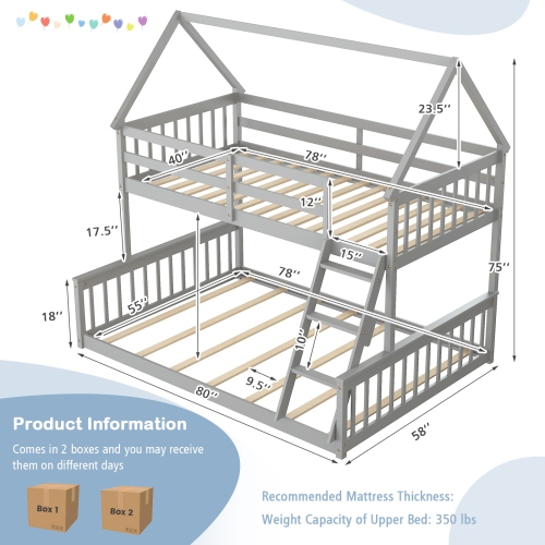 House Bunk Bed Frame with Built-in Ladder and Safety Guardrails for Kids