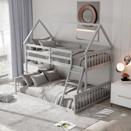House Bunk Bed Frame with Built-in Ladder and Safety Guardrails for Kids