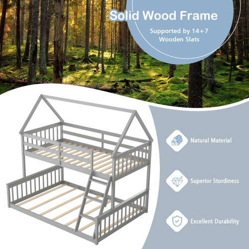House Bunk Bed Frame with Built-in Ladder and Safety Guardrails for Kids