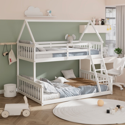 House Bunk Bed Frame with Built-in Ladder and Safety Guardrails for Kids
