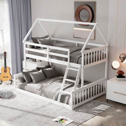 House Bunk Bed Frame with Built-in Ladder and Safety Guardrails for Kids