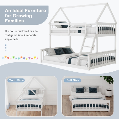 House Bunk Bed Frame with Built-in Ladder and Safety Guardrails for Kids