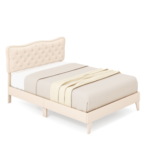 Modern Bed Frame with Decorative Nail Headboard and Wooden Slats