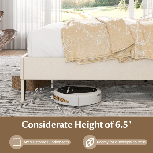 Modern Bed Frame with Decorative Nail Headboard and Wooden Slats