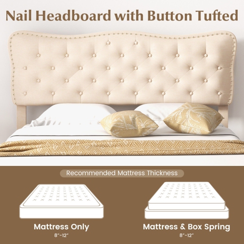 Modern Bed Frame with Decorative Nail Headboard and Wooden Slats