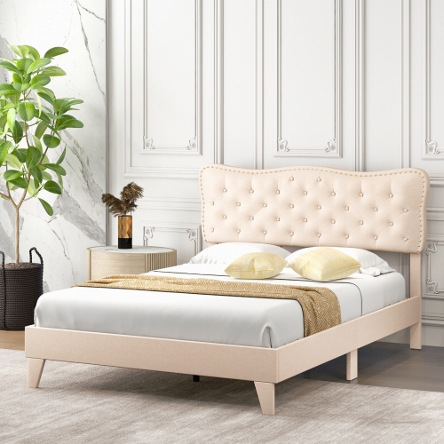 Modern Bed Frame with Decorative Nail Headboard and Wooden Slats