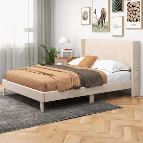 Upholstered Platform Bed Frame with Geometric Wing back Headboard