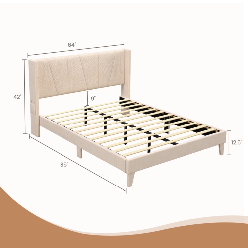 Upholstered Platform Bed Frame with Geometric Wing back Headboard