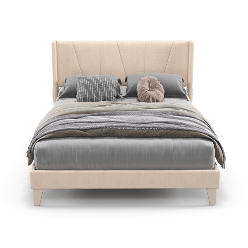 Upholstered Platform Bed Frame with Geometric Wing back Headboard