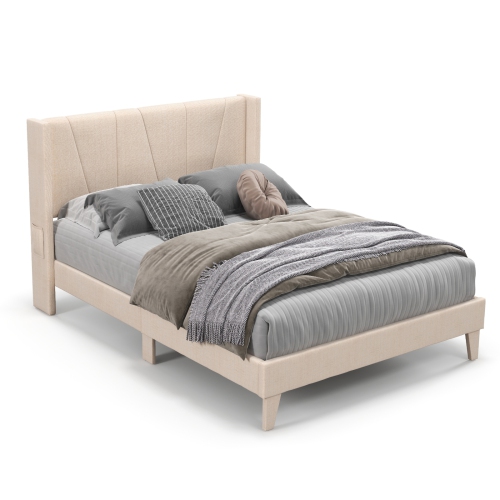 Upholstered Platform Bed Frame with Geometric Wing back Headboard