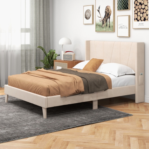 Upholstered Platform Bed Frame with Geometric Wing back Headboard