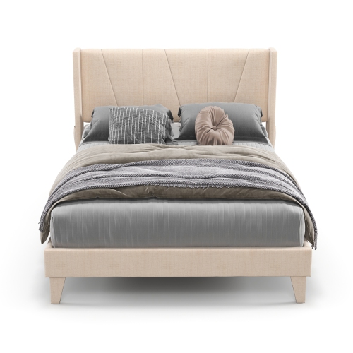 Upholstered Platform Bed Frame with Geometric Wing back Headboard