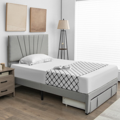 Upholstered Platform Bed Frame with Storage Drawer and Adjustable Headboard