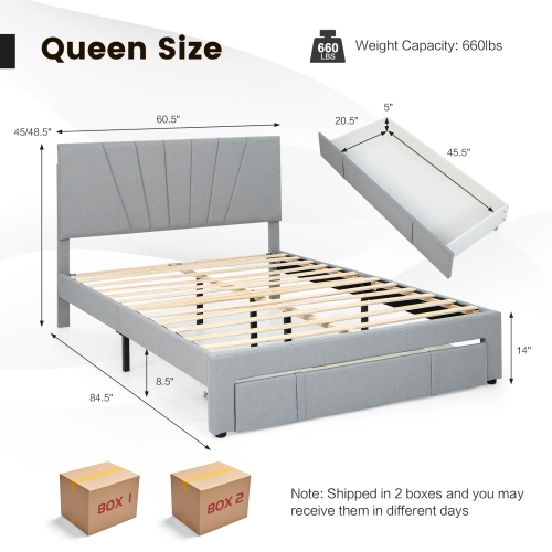 Upholstered Platform Bed Frame with Storage Drawer and Adjustable Headboard