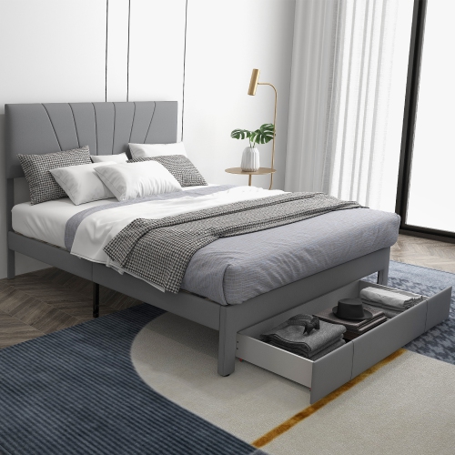 Upholstered Platform Bed Frame with Storage Drawer and Adjustable Headboard