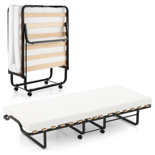 Lit pliant portatif avec matelas en mousse confortable et roulettes verrouillables