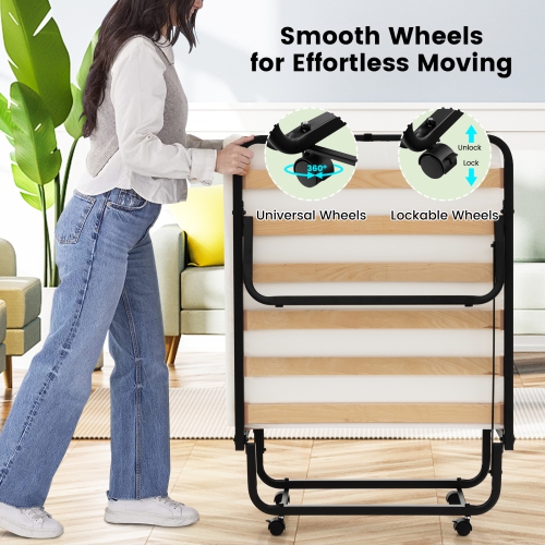 Lit pliant portatif avec matelas en mousse confortable et roulettes verrouillables