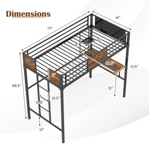 Sturdy Metal Loft Bed with Integrated Desk, Storage, and Ladder