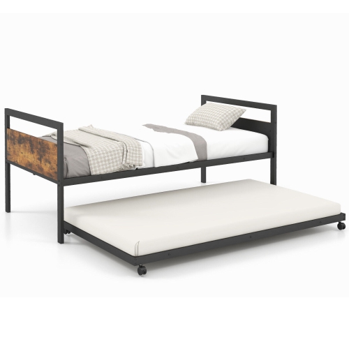 Metal Daybed with Trundle and Lockable Wheels for Guest Room or Bedroom