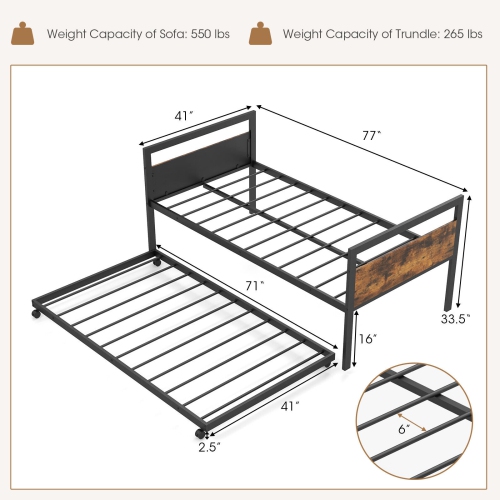 Metal Daybed with Trundle and Lockable Wheels for Guest Room or Bedroom