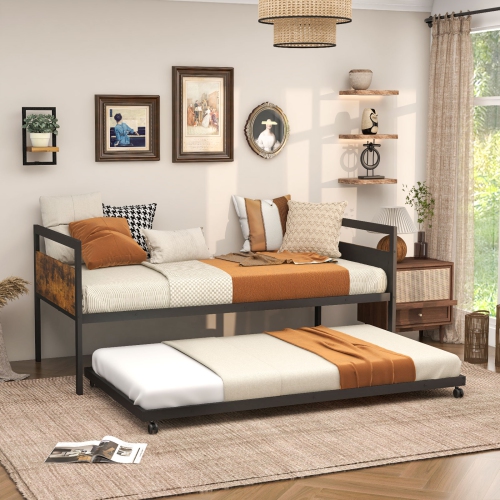 Metal Daybed with Trundle and Lockable Wheels for Guest Room or Bedroom