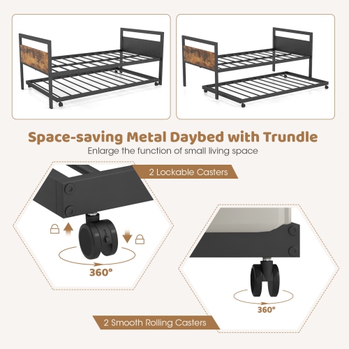 Metal Daybed with Trundle and Lockable Wheels for Guest Room or Bedroom