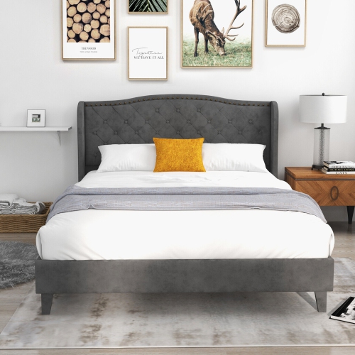 Contemporary Upholstered Bed Frame with Button Tufted Padded Headboard