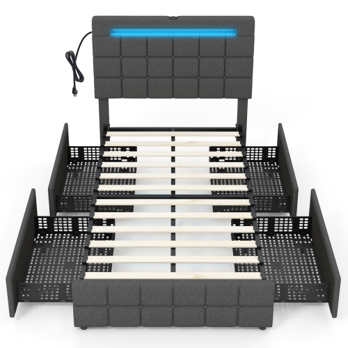 Upholstered LED Bed Frame with Lighted Headboard and 4 Storage Drawers