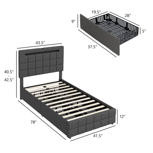 Upholstered LED Bed Frame with Lighted Headboard and 4 Storage Drawers