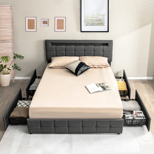 Upholstered LED Bed Frame with Lighted Headboard and 4 Storage Drawers