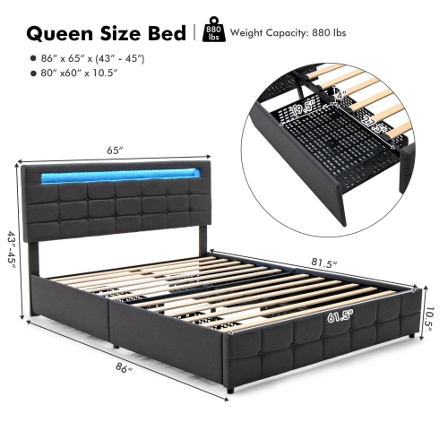 Upholstered LED Bed Frame with Lighted Headboard and 4 Storage Drawers