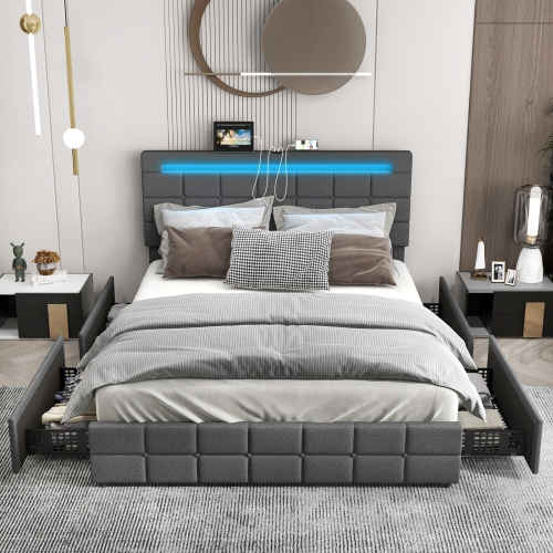 Upholstered LED Bed Frame with Lighted Headboard and 4 Storage Drawers