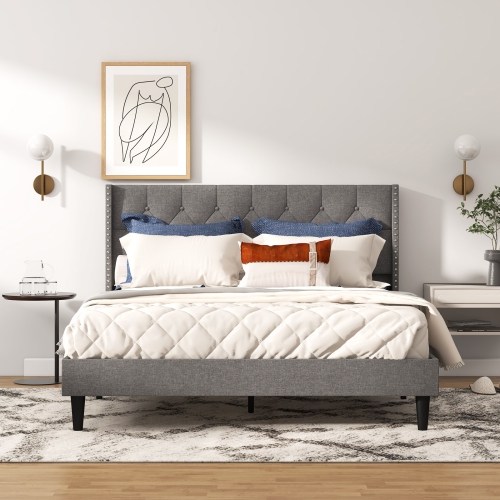 Upholstered Platform Bed Frame with Button Tufted Headboard for Bedroom