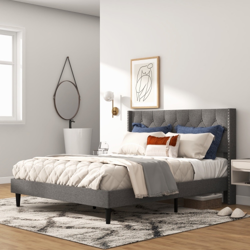 Upholstered Platform Bed Frame with Button Tufted Headboard for Bedroom