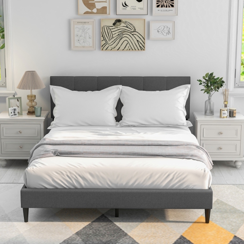 Bedroom Platform Bed with Upholstered Frame and Tufted Headboard