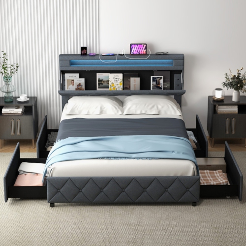 Bed Frame with Storage Headboard and Durable Wooden Slat Mattress Support
